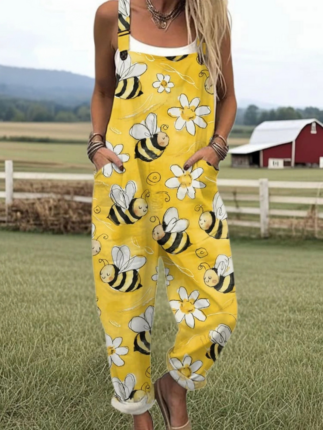 Women's Flying Bees Pattern Casual  Wide Leg Linen Jumpsuit