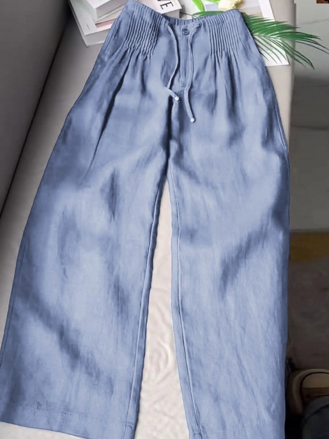 Women's Solid Color Pleated Drawstring Casual  Wide Leg Linen Pants