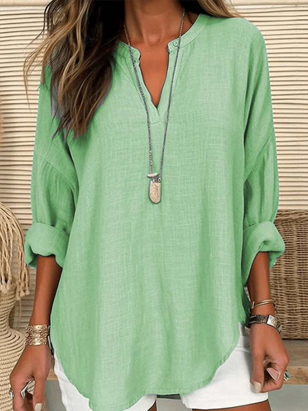 Women's Long Sleeve Round Neck Solid Color Loose Beach Shirt
