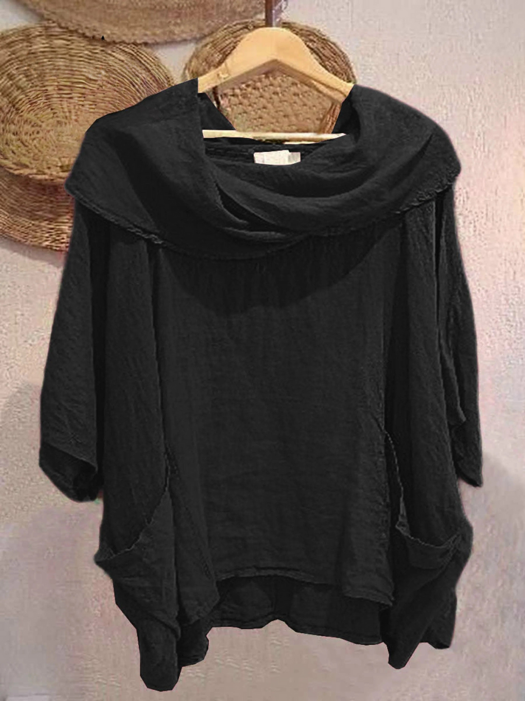 Women's Solid Color Draped Neck 3/4 Sleeve Comfortable Casual Pocket Top