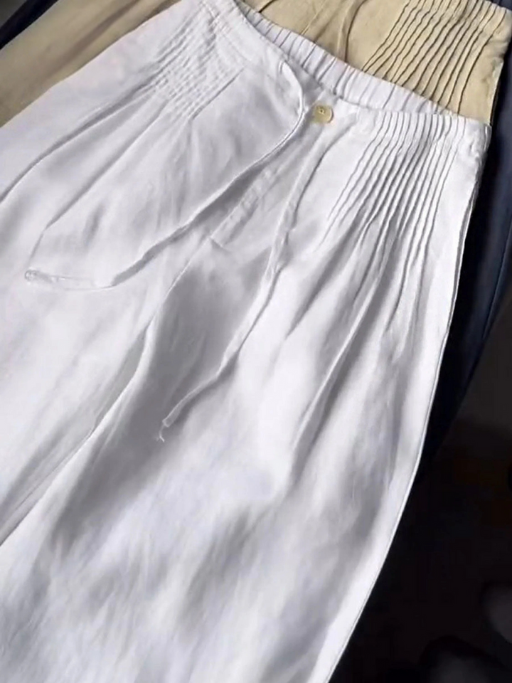Women's Solid Color Pleated Drawstring Casual  Wide Leg Linen Pants