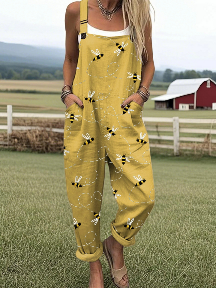 Women's Flying Bees Pattern Casual  Wide Leg Linen Jumpsuit
