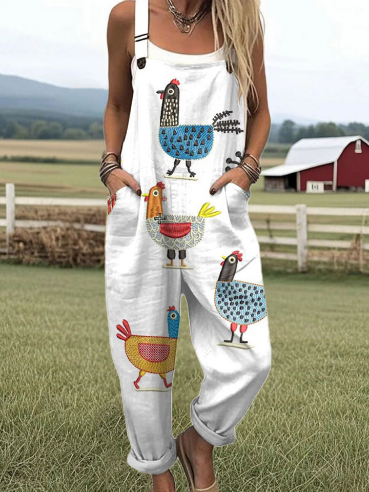 Women's Flying Bees Pattern Casual  Wide Leg Linen Jumpsuit