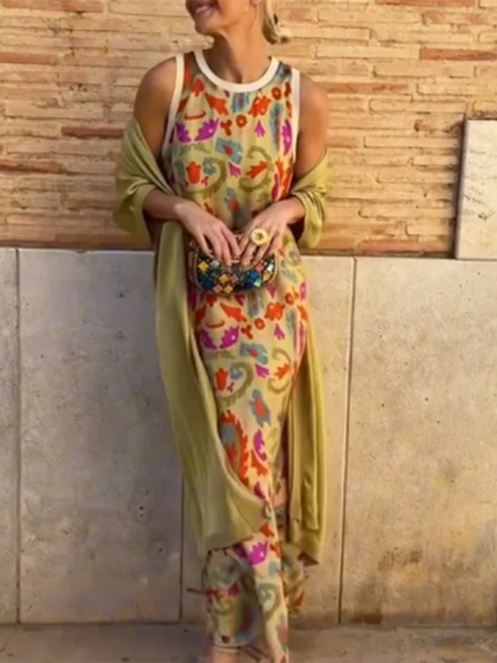 Women's Printed Satin Cardigan Dress Two-Piece Set