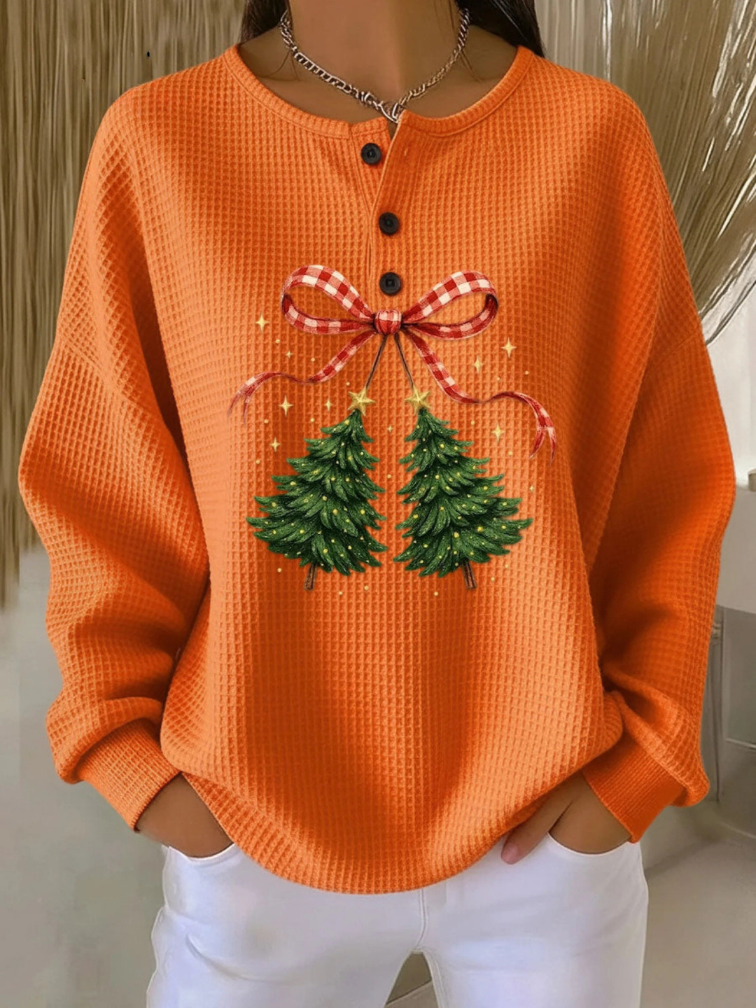 Women's Vintage Christmas Tree Art Print Casual Cotton Shirt