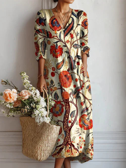 Women's Vintage Flower Art Print Linen Pocket Tunic Dress